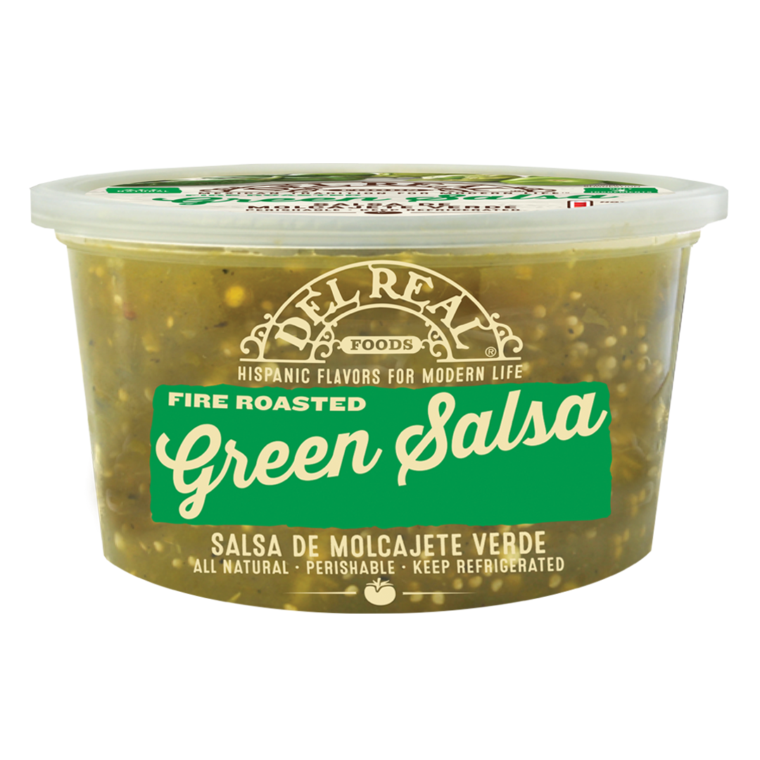 Del Real Foods Fire Roasted Green Salsa, We slowly fire roast our chilies and tomatillos to create that authentic and mouth-watering Mexican flavor.